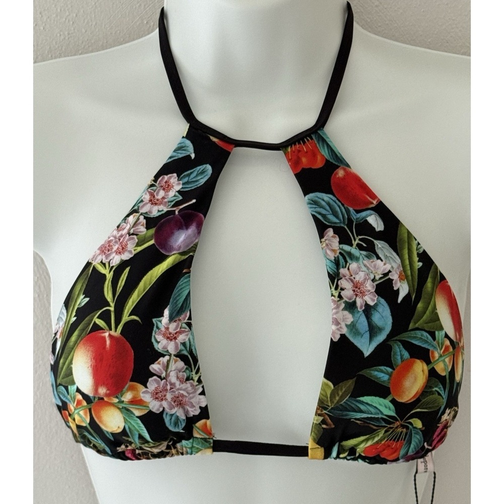 Nanette Lepore Botanical Fruit Print Halter Bikini Top Keyhole Tassel S NWT